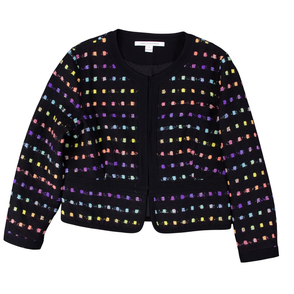 Diane von Furstenberg DVF Black Multicolor Pixel Confetti Cropped Jacket Sz 12‎